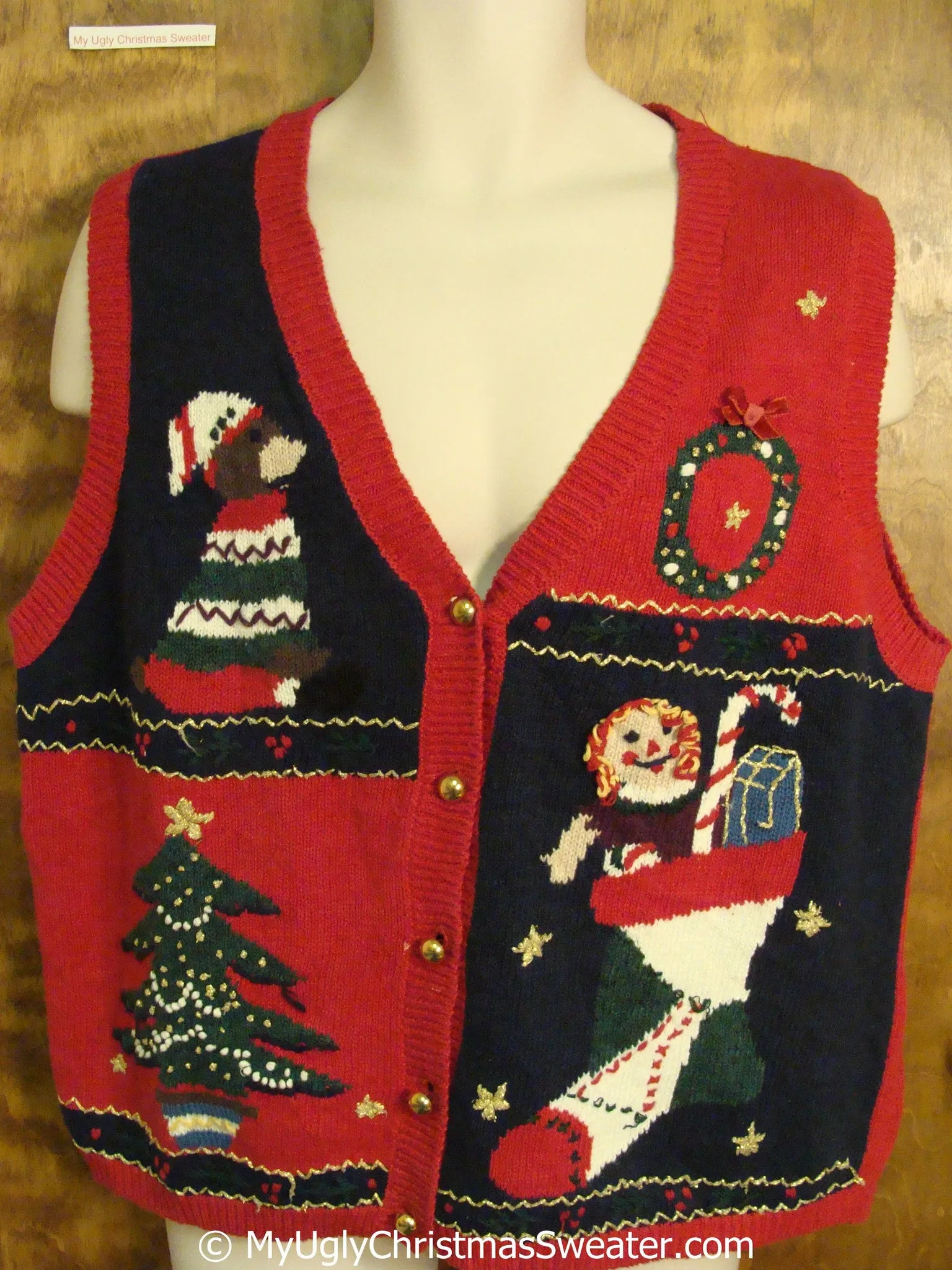 Cheap Christmas Sweater Vest with Bear and Raggedy Ann