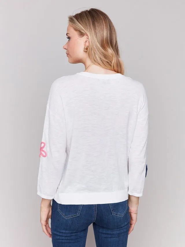 Cotton Sweater with Flower Patches - White