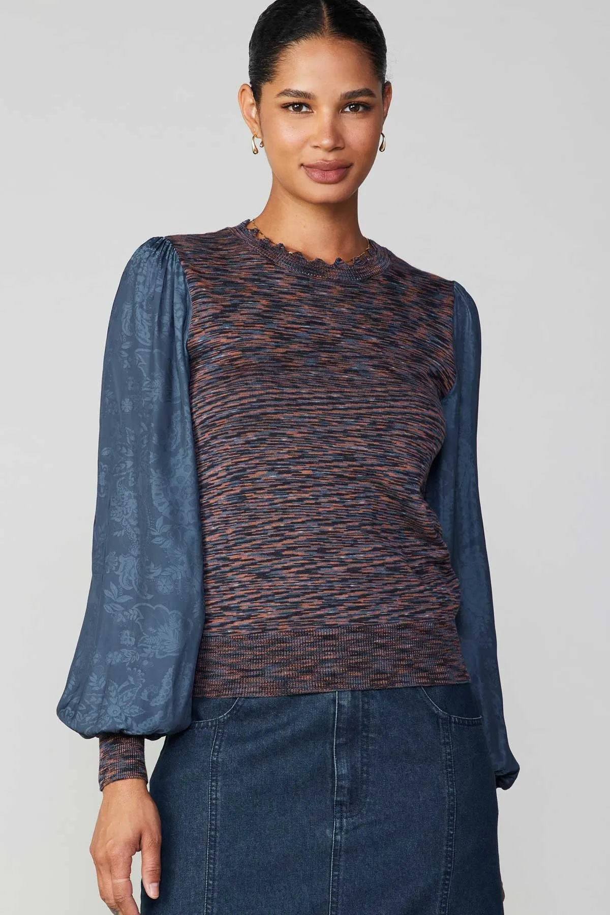 Dimensional Top with Contrast Sleeve