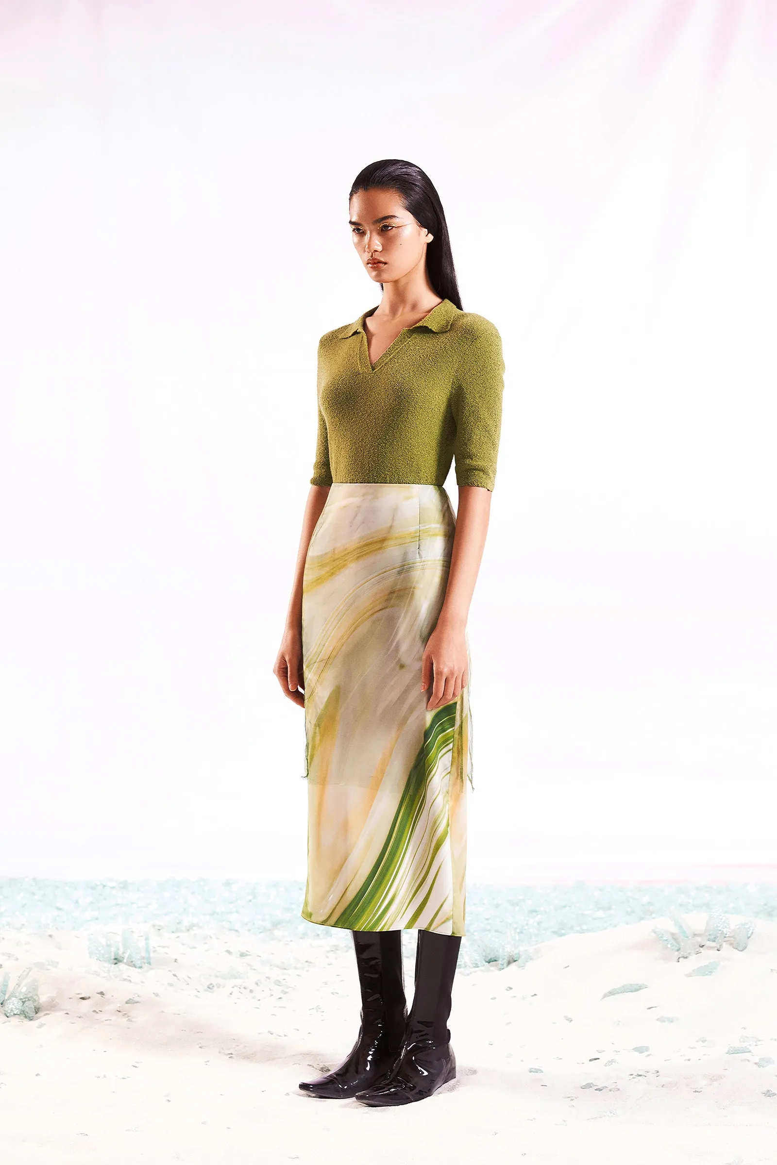 Double layer tulle skirt in green marble print.