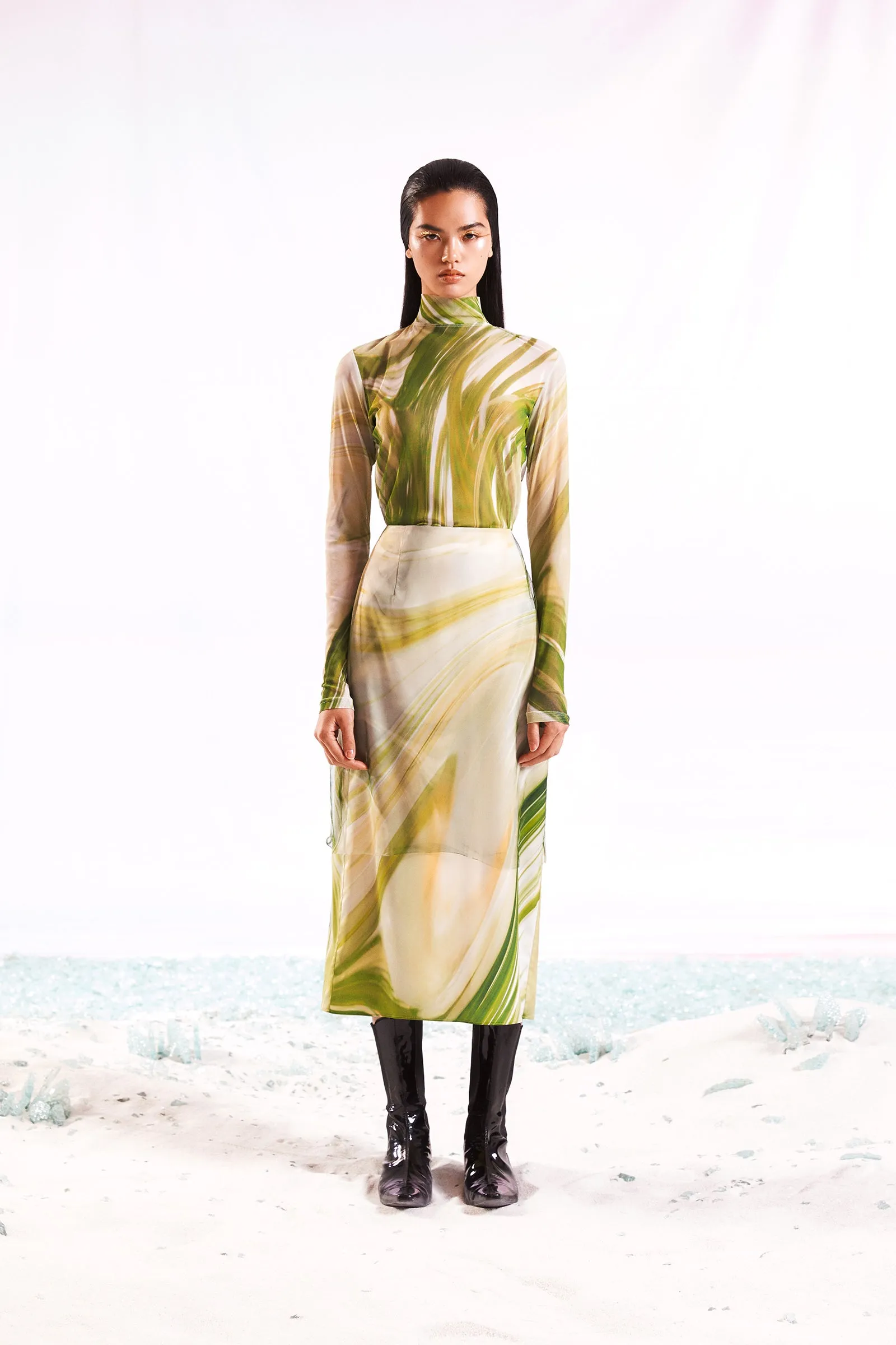 Double layer tulle skirt in green marble print.