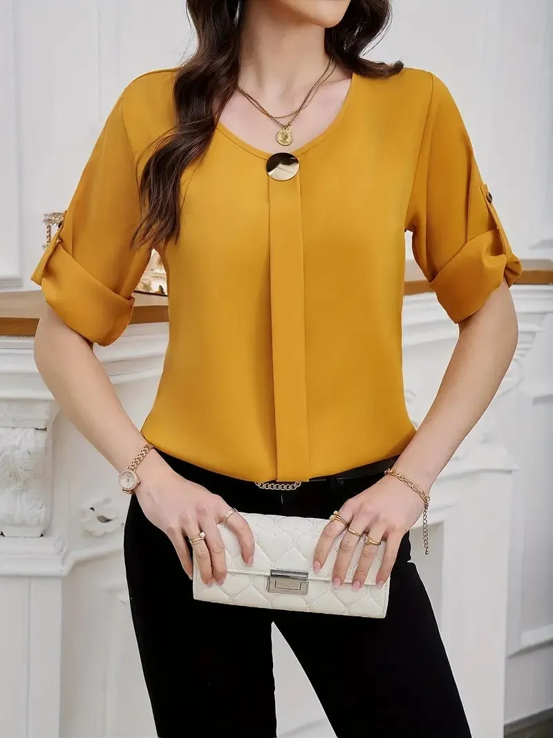 Fashion Round Neck Roll Sleeve Shirt