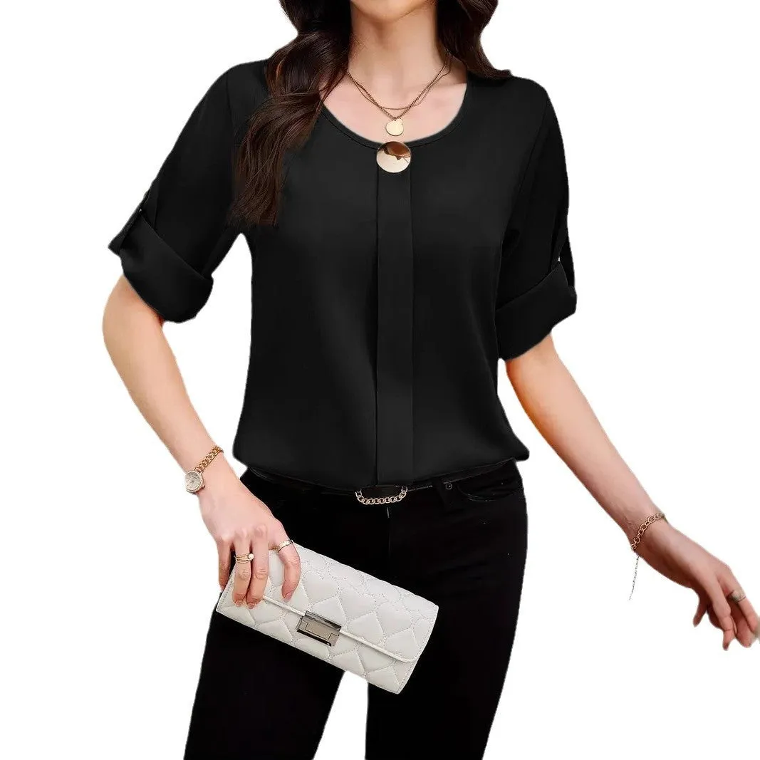 Fashion Round Neck Roll Sleeve Shirt