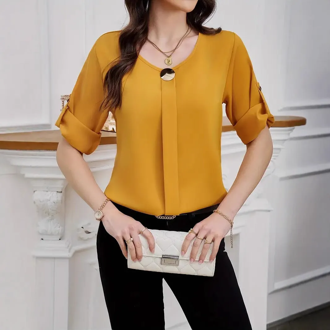 Fashion Round Neck Roll Sleeve Shirt