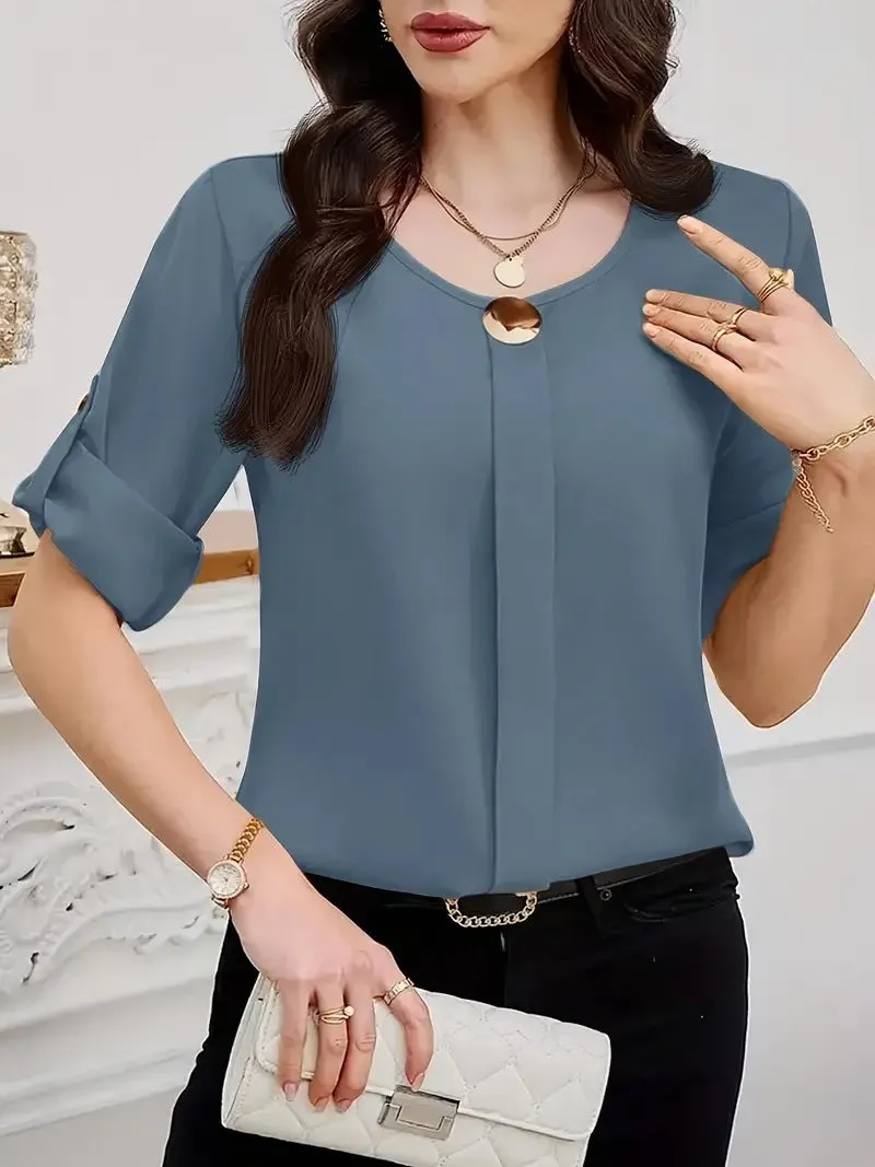 Fashion Round Neck Roll Sleeve Shirt