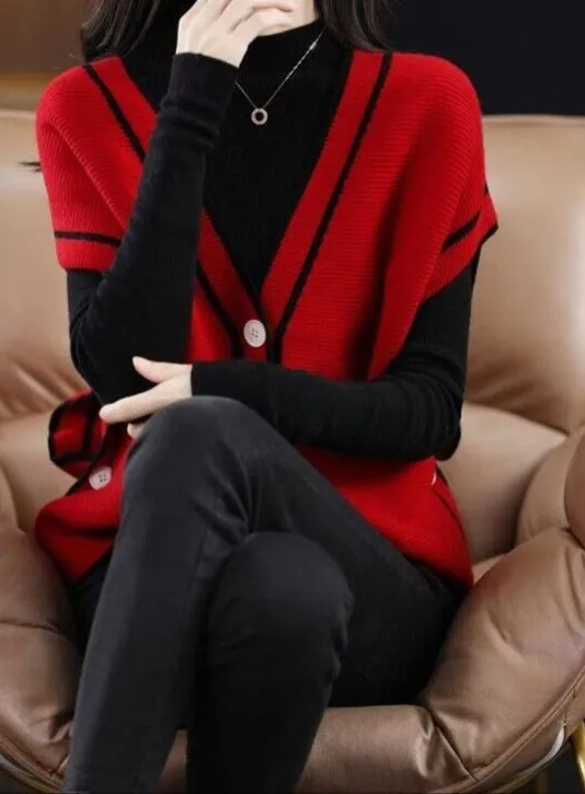 Fashion Single-Breasted Color Matching Sleeveless Sweater