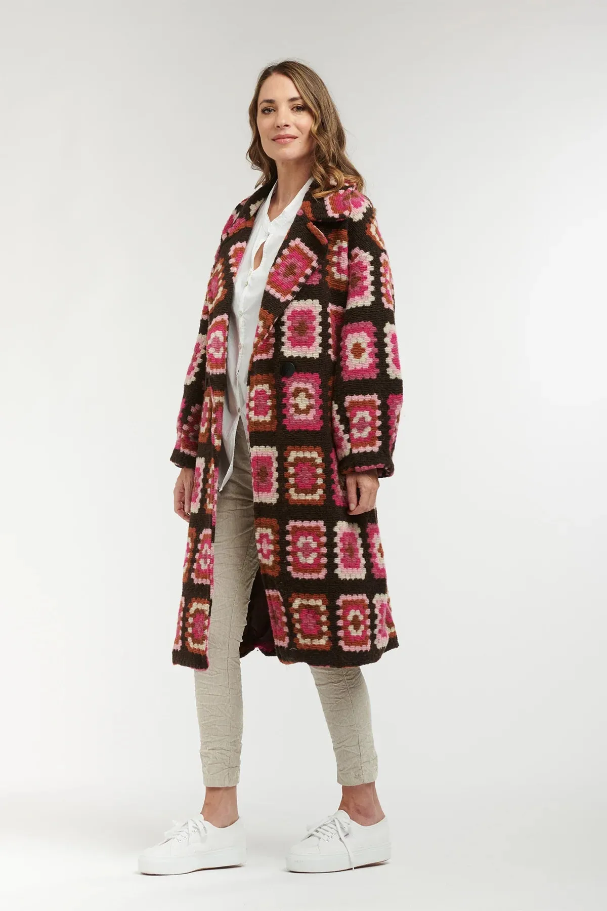 Flower Power Patch Coat - Choc /Pink