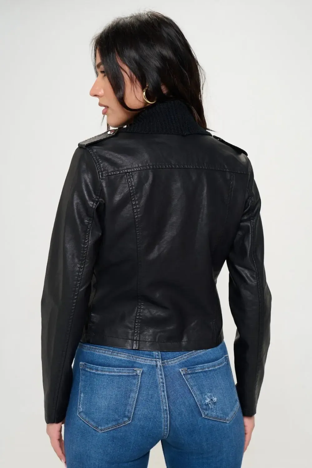 Knit Collared Faux Leather Crop Jacket - Vegan Leather Chic & Stylish