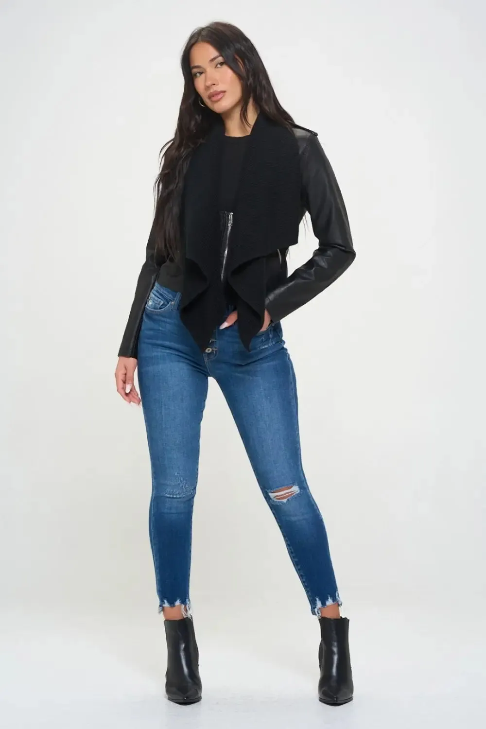 Knit Collared Faux Leather Crop Jacket - Vegan Leather Chic & Stylish