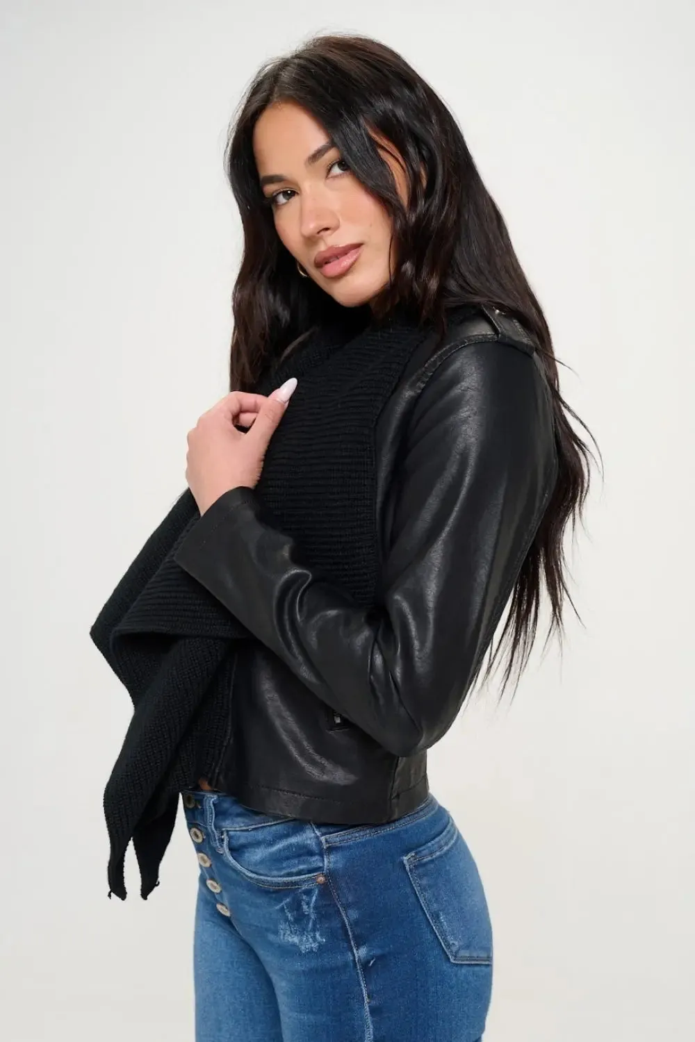 Knit Collared Faux Leather Crop Jacket - Vegan Leather Chic & Stylish