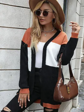 Mid-length Fashion Long-sleeve Color Blocking Cardigan Sweater