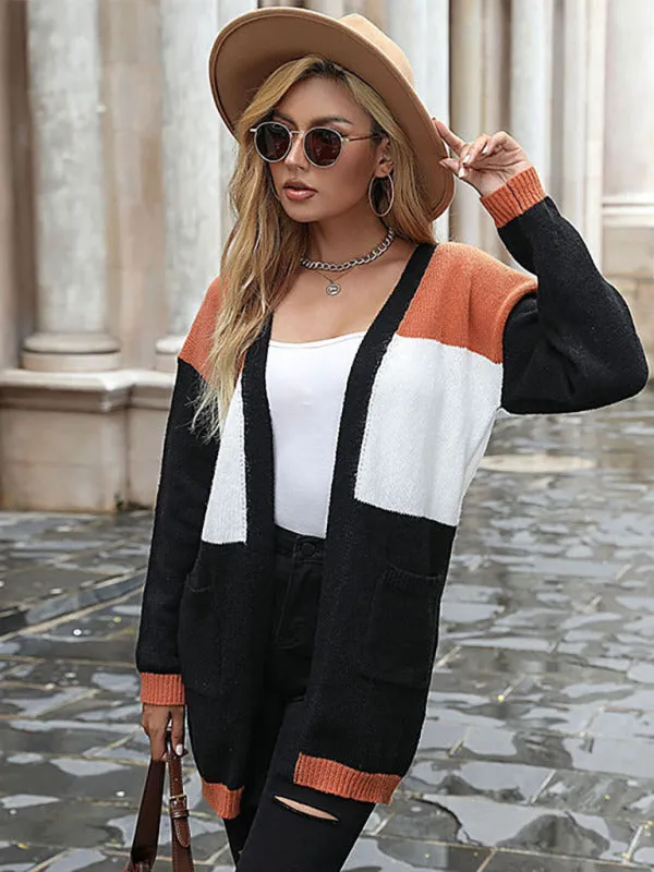 Mid-length Fashion Long-sleeve Color Blocking Cardigan Sweater