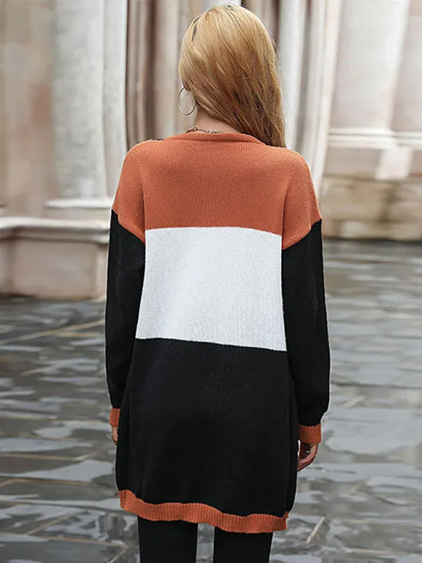 Mid-length Fashion Long-sleeve Color Blocking Cardigan Sweater
