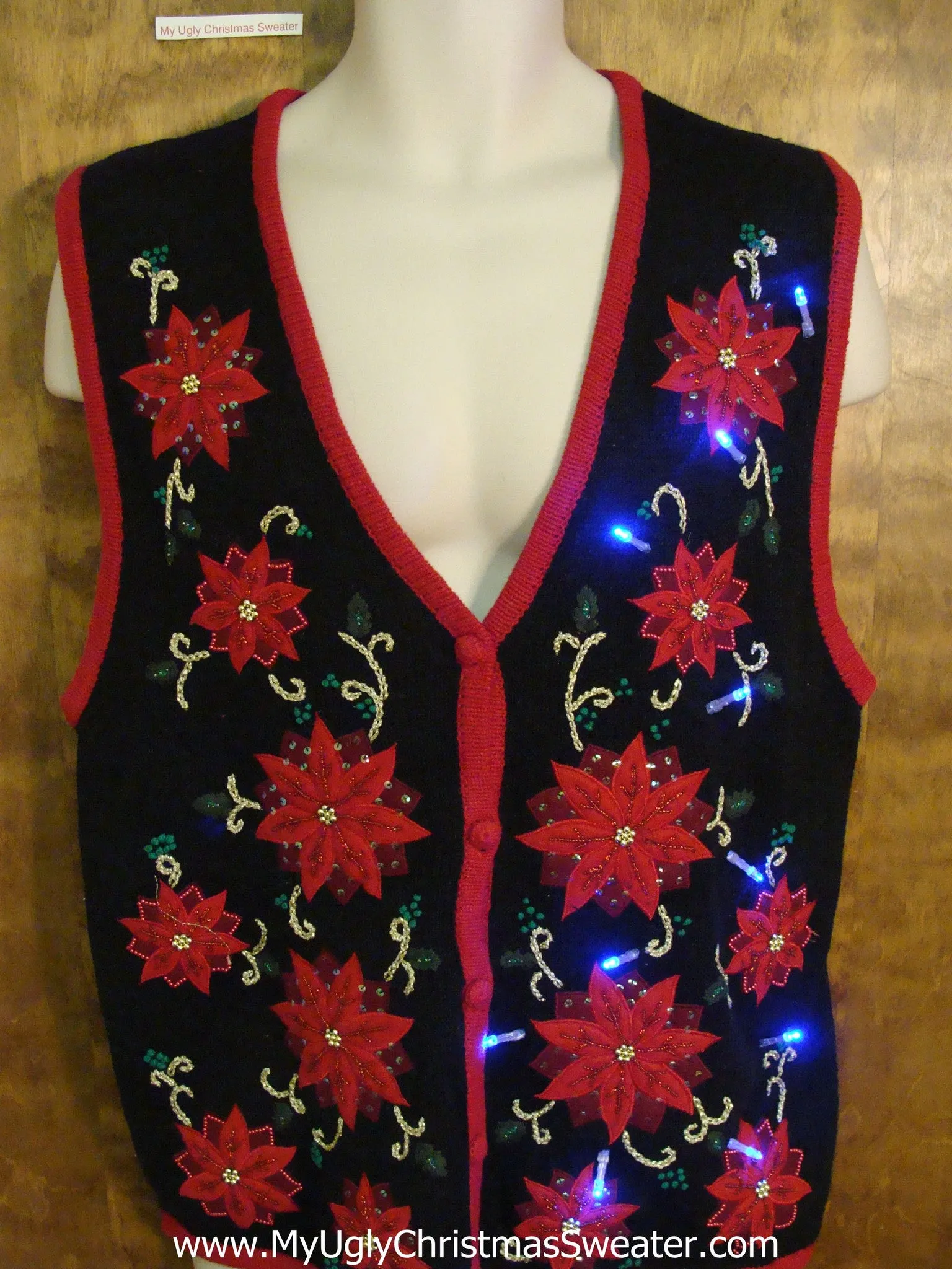 Poinsettia Crazy Light Up Ugly Xmas Sweater Vest