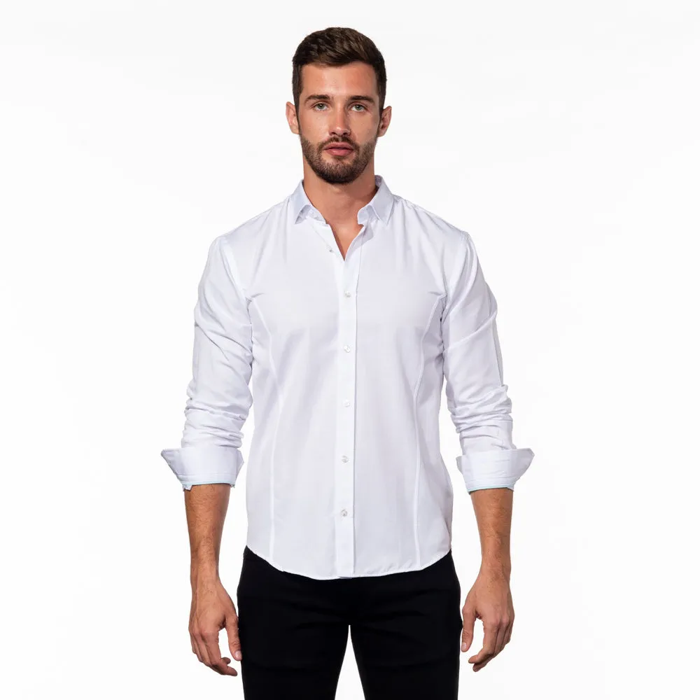 White Jacquard Shirt With Aqua Trim