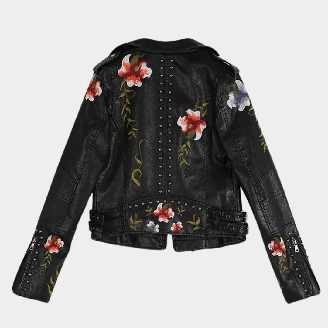 Women's Faux Leather Jacket  Floral Embroidery  PU Motorcycle Coat  Casual Outerwear  Multiple Colours