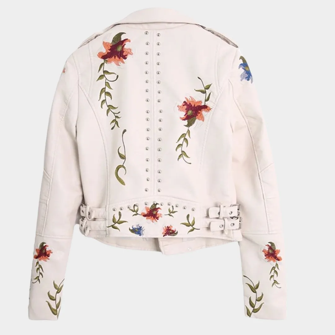 Women's Faux Leather Jacket  Floral Embroidery  PU Motorcycle Coat  Casual Outerwear  Multiple Colours