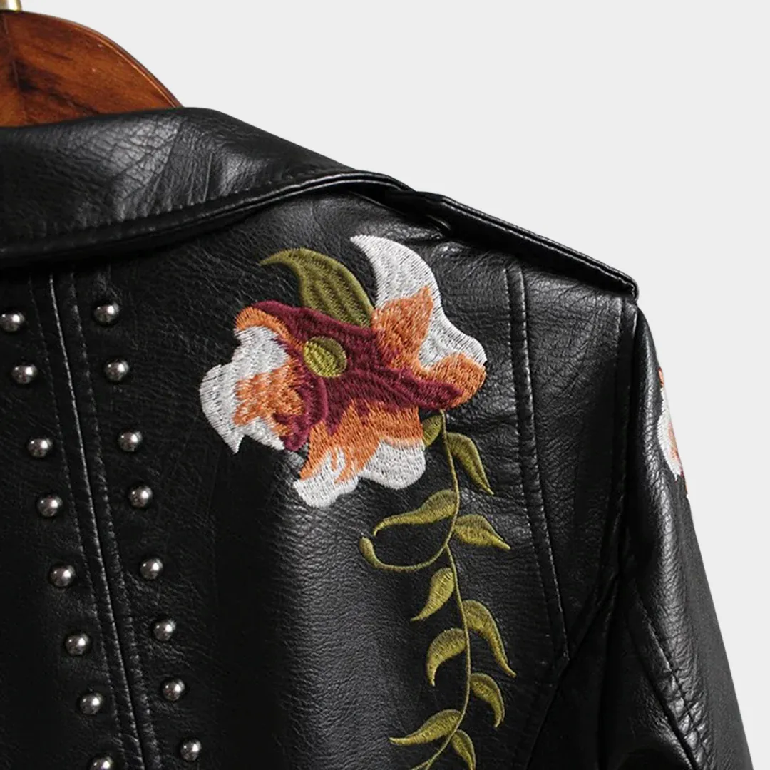 Women's Faux Leather Jacket  Floral Embroidery  PU Motorcycle Coat  Casual Outerwear  Multiple Colours