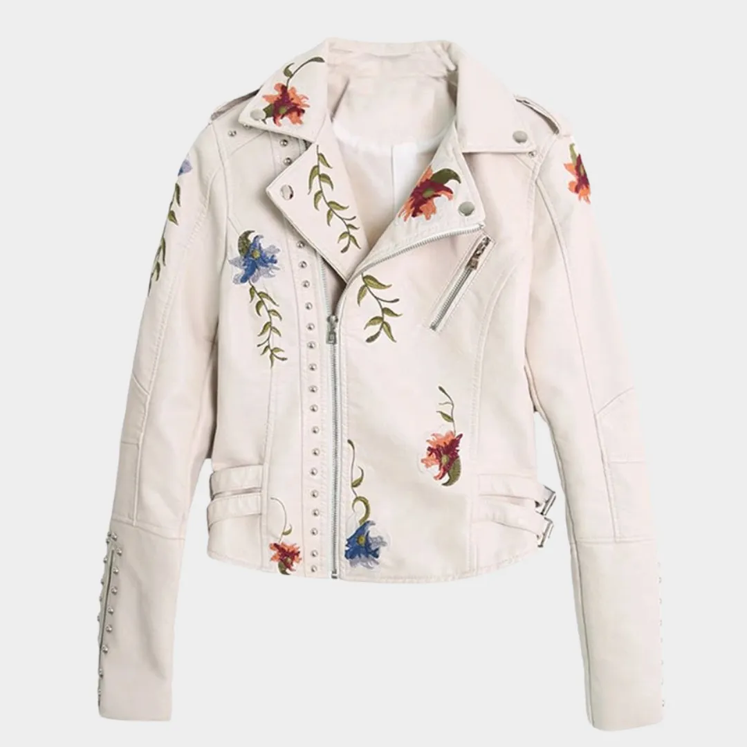 Women's Faux Leather Jacket  Floral Embroidery  PU Motorcycle Coat  Casual Outerwear  Multiple Colours