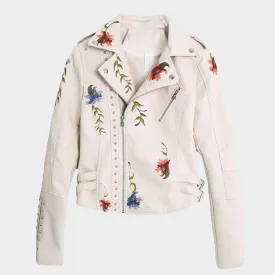 Women's Faux Leather Jacket  Floral Embroidery  PU Motorcycle Coat  Casual Outerwear  Multiple Colours
