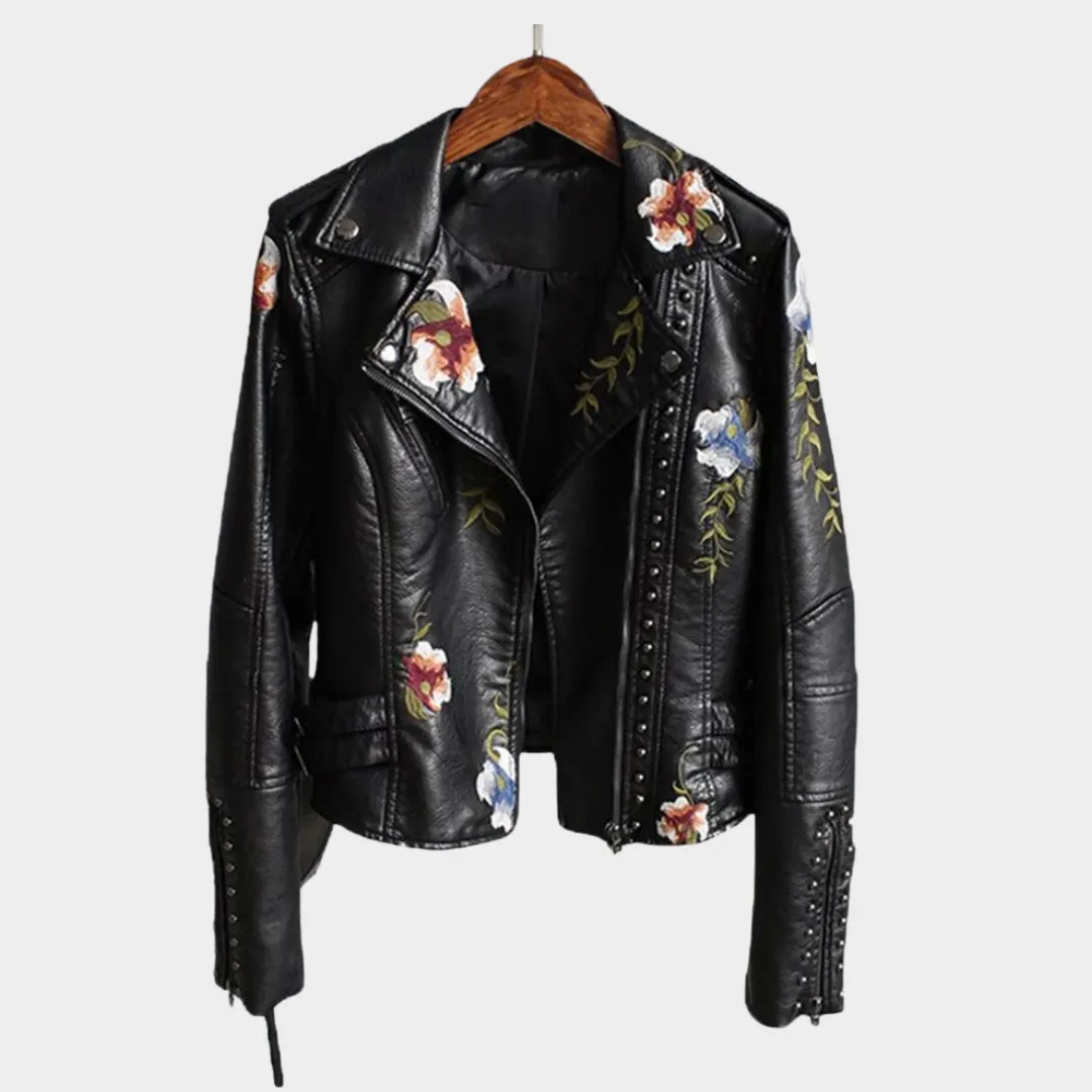 Women's Faux Leather Jacket  Floral Embroidery  PU Motorcycle Coat  Casual Outerwear  Multiple Colours