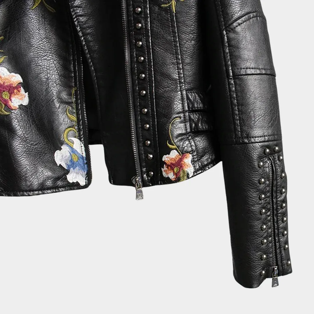 Women's Faux Leather Jacket  Floral Embroidery  PU Motorcycle Coat  Casual Outerwear  Multiple Colours