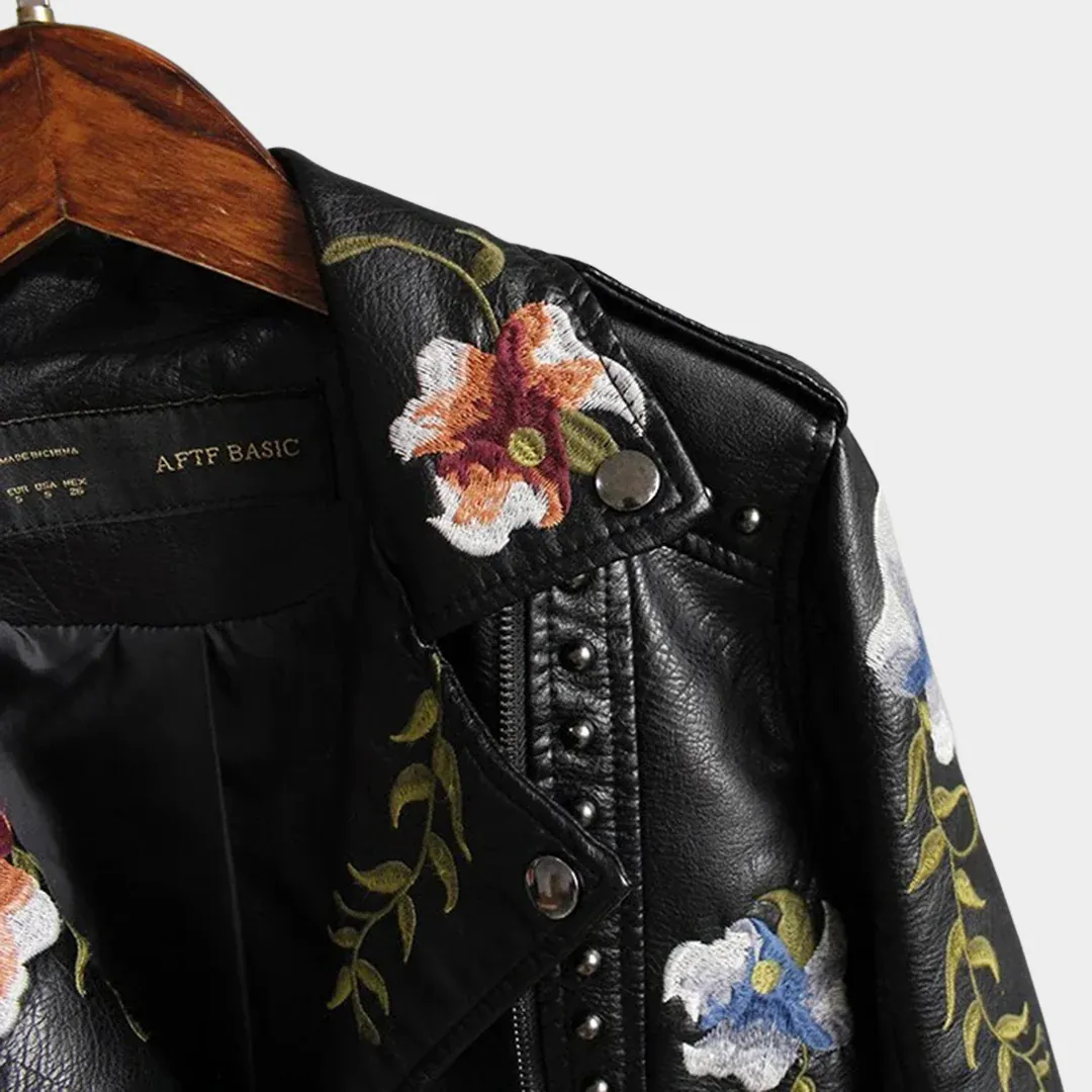 Women's Faux Leather Jacket  Floral Embroidery  PU Motorcycle Coat  Casual Outerwear  Multiple Colours