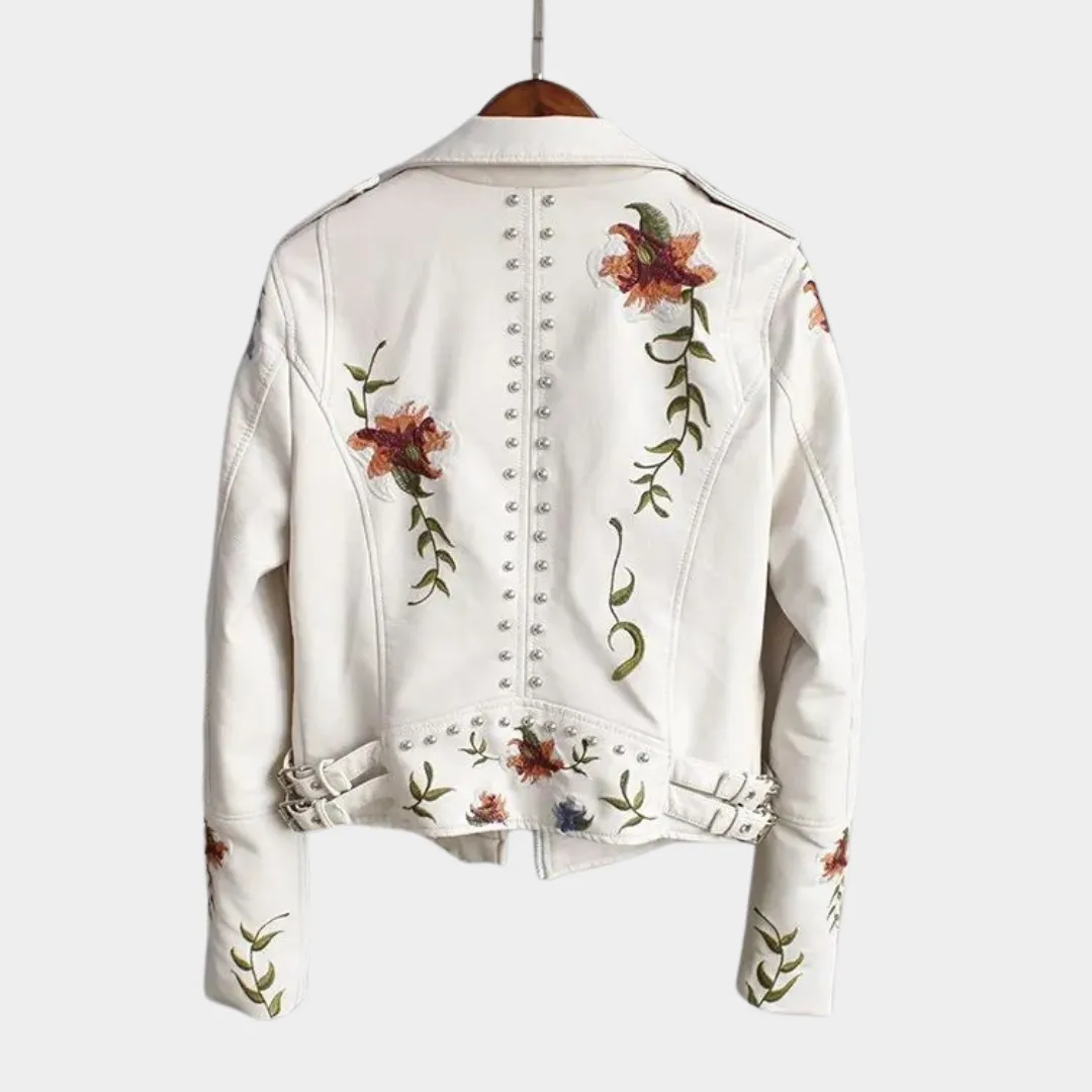 Women's Faux Leather Jacket  Floral Embroidery  PU Motorcycle Coat  Casual Outerwear  Multiple Colours
