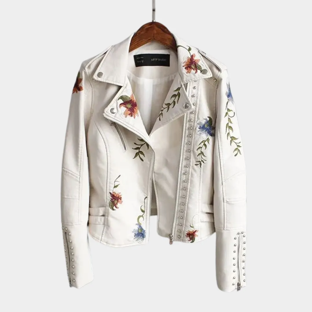 Women's Faux Leather Jacket  Floral Embroidery  PU Motorcycle Coat  Casual Outerwear  Multiple Colours